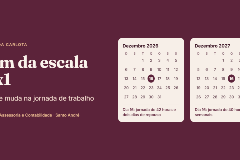 Calendários de dezembro de 2026 e dezembro de 2027 com o dia 16 marcado, ilustrando o fim da escala 6x1