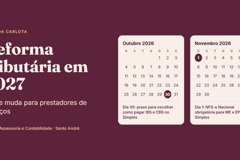 Calendários de outubro e novembro de 2026 com os dias 30 e 1º marcados, prazos da reforma tributária para prestadores de serviços